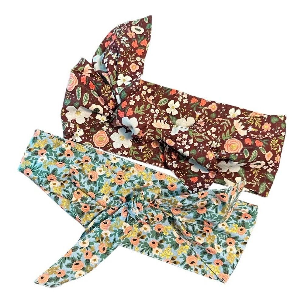 Maroon Wild Floral/Blue Floral Set/2 Wide Band Tie Wrap Bow Headband Multi-Color